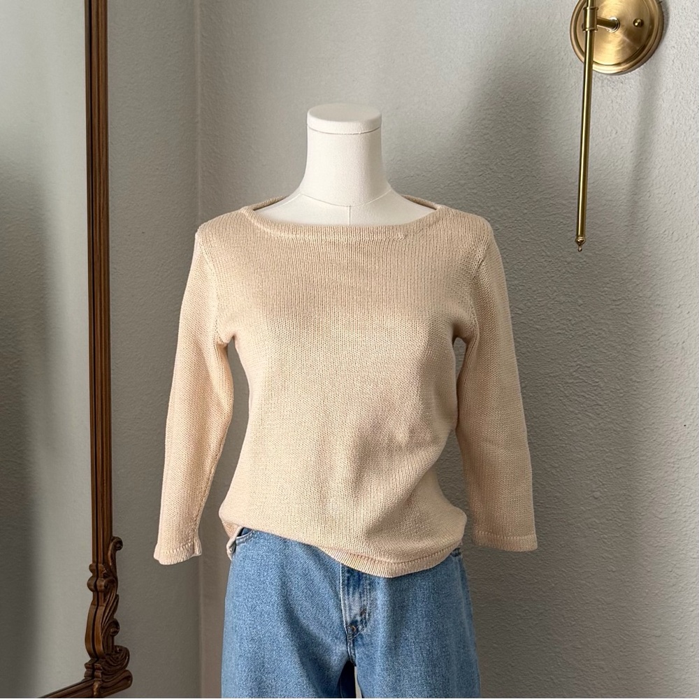 Lauren Ralph Lauren Beige Mercerized Cotton 3/4 Sleeve Sweater Small